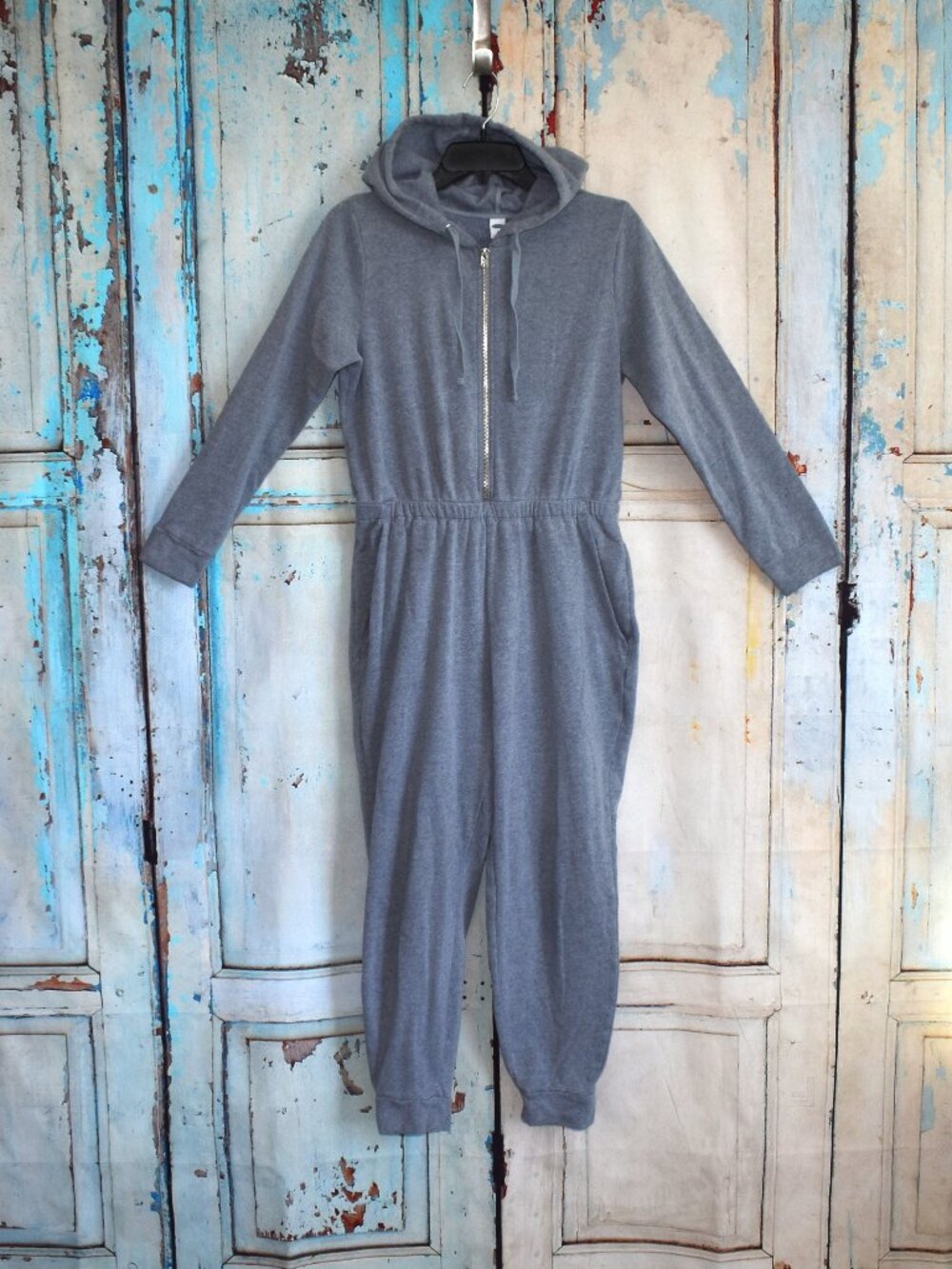 Women's Old Navy Cozy Zip Front Hoodie Jumpsuit Sweatsuit Coveralls M PETITE Gra